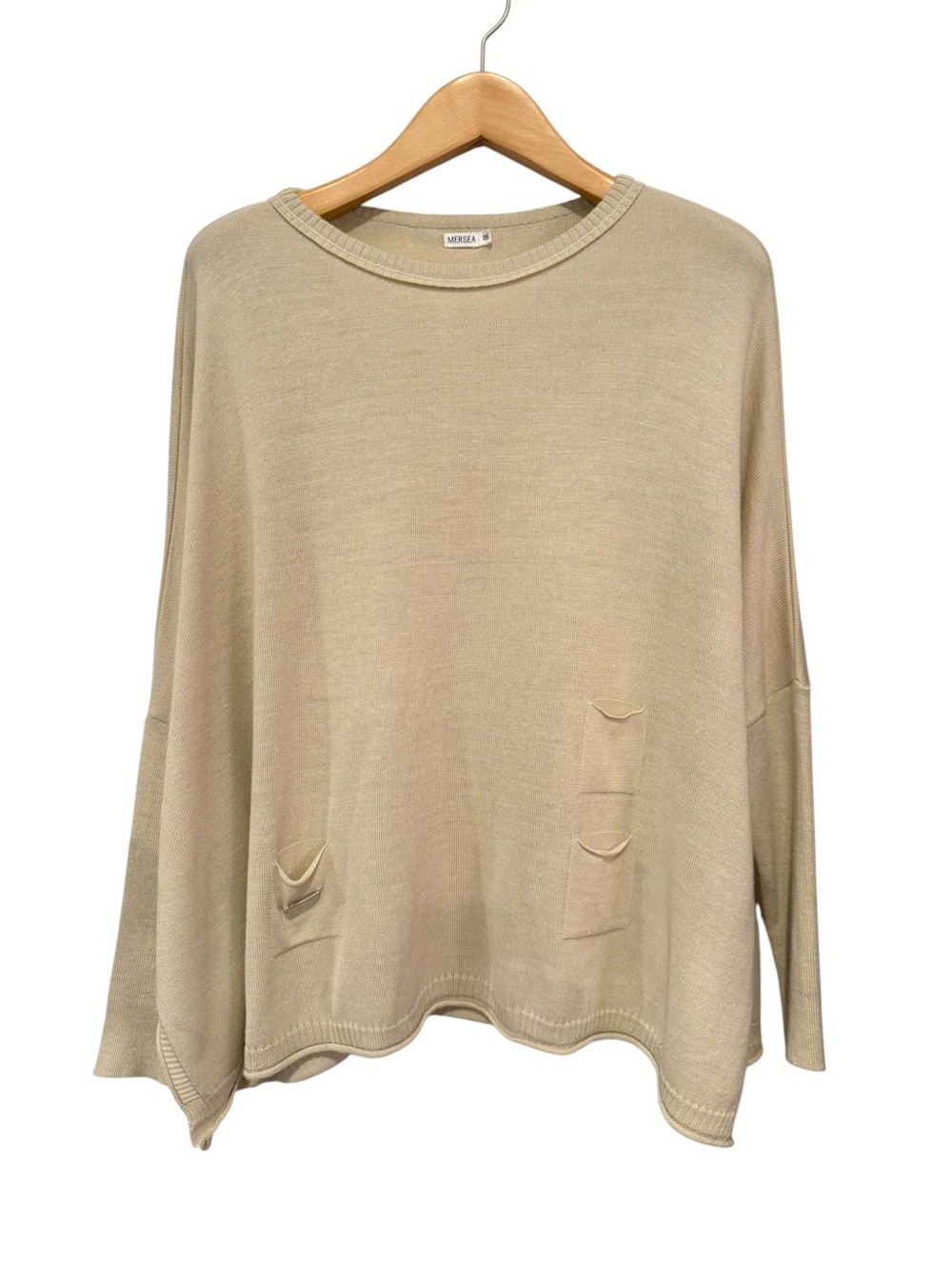 MERSEA The Catalina Travel Sweater Sand Tan Oversized Crewneck Knit Pockets OS